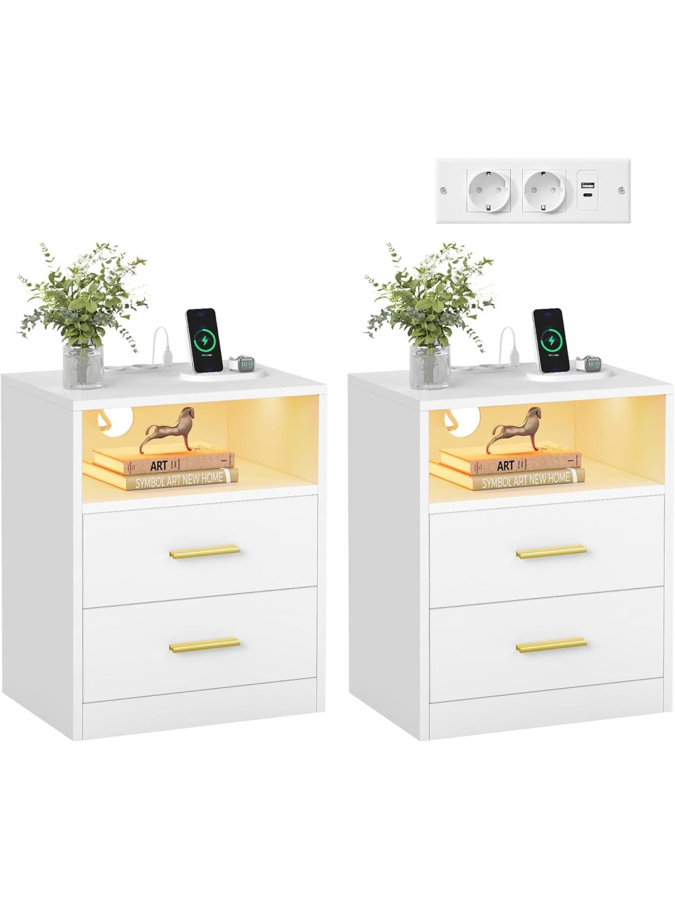Zestaw 2 stolikow nocnych z oswietleniem LED, stacja ladowania, szufladami oraz portami USB i gniazdami sieciowymi, nowoczesny bialy design