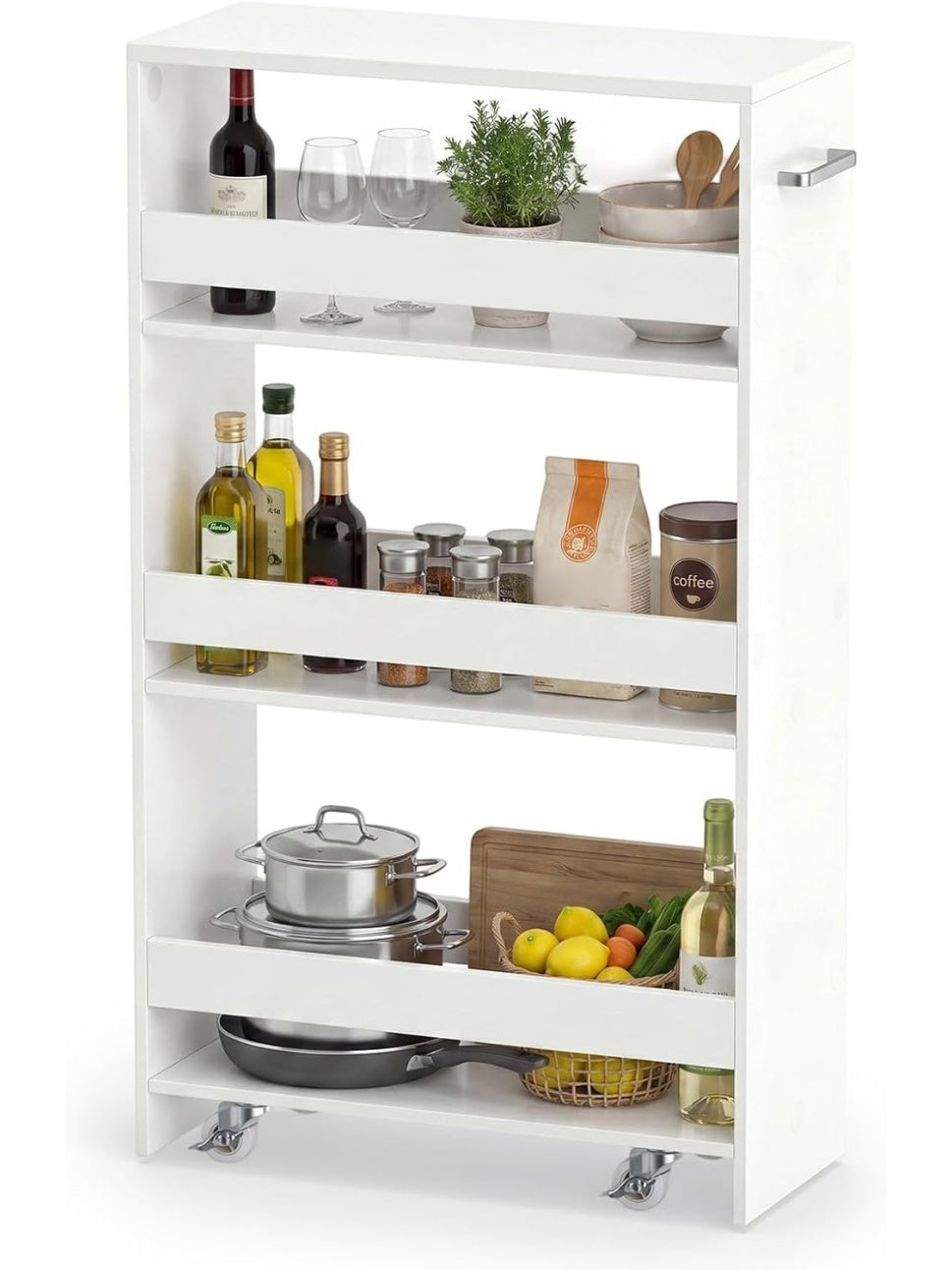 Mobilny regal wnekowy z 4 polkami, oszczedzajacy miejsce organizer na kolkach do kuchni i lazienki, 47,5 x 13 x 80,5 cm, bialy