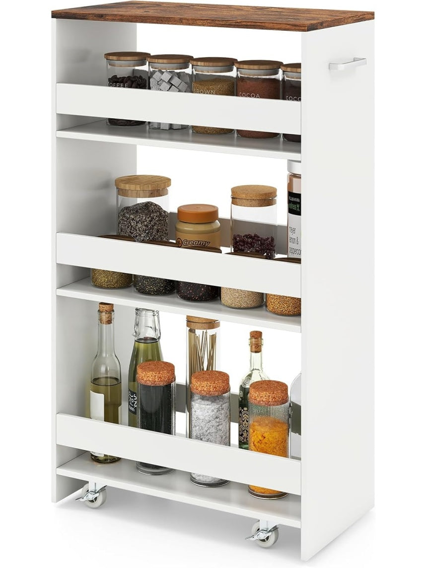 Regal wnekowy na kolkach z 4 polkami, mobilny organizer do lazienki i kuchni, 47,5 x 25 x 80,5 cm, styl industrialny bialy