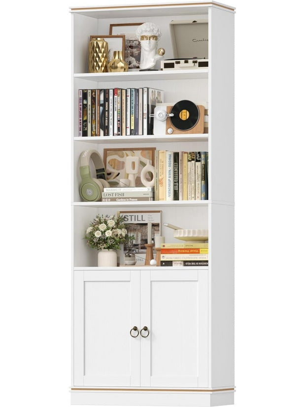 Regal na ksiazki 188 cm z 7 poziomami, wolnostojaca polka z dekoracyjnym rysunkiem drewna do salonu, biura i gabinetu, 188 x 60 x 30 cm, bialy