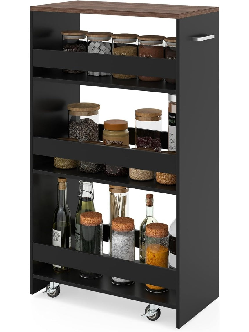 Waski regal na kolkach z 4 poziomami, organizer do wnek kuchennych i lazienkowych, 47,5 x 25 x 80,5 cm, brazowy i czarny